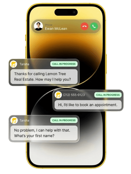 Tarsha AI receptionist answering a call in progress, displayed on a smartphone