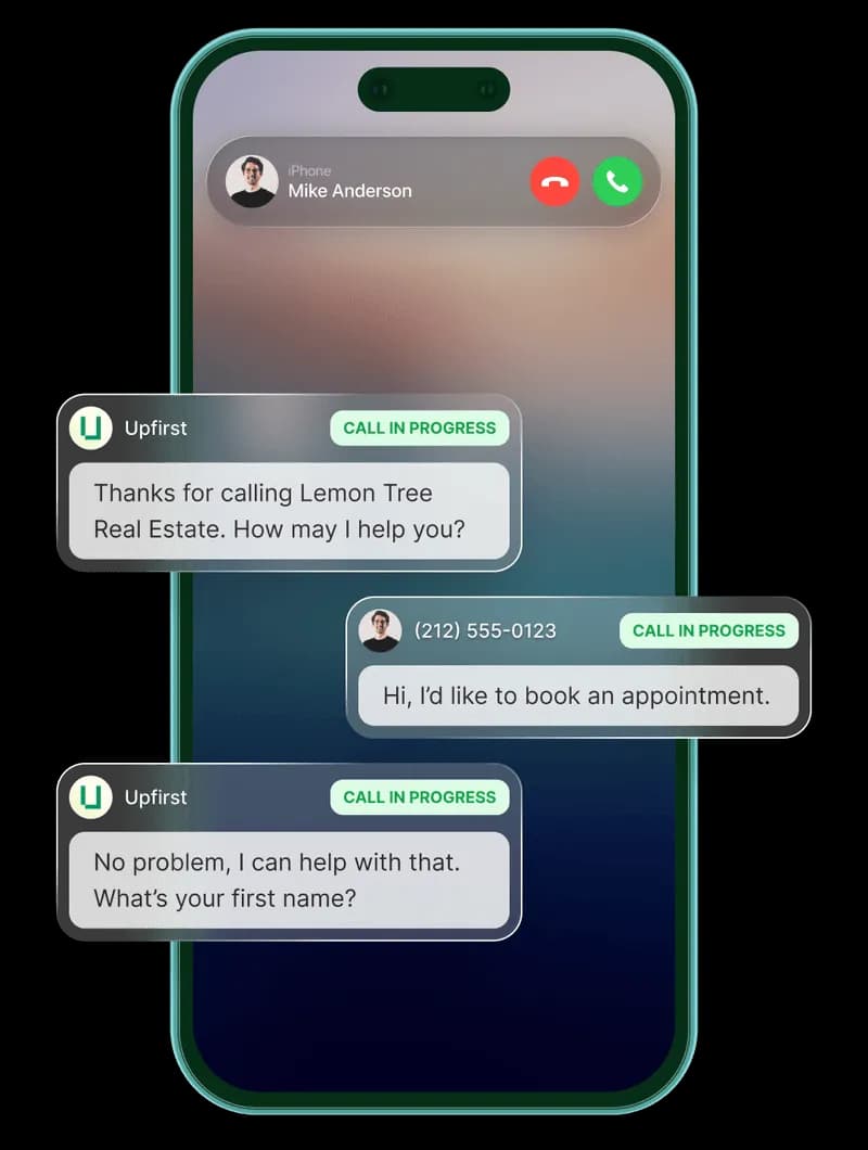 Tarsha AI receptionist answering a call in progress, displayed on a smartphone